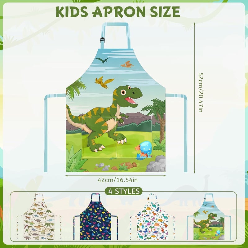 PLULON 4 Pcs Kids Aprons with Pockets Painting Apron for Kids, Dinosaur Kids Apron Adjustable Strap Dino Apron for Painting Cooking Baking Girls Boys Paint Dinosaur Party Supplies, 3-8 Years - Image 2